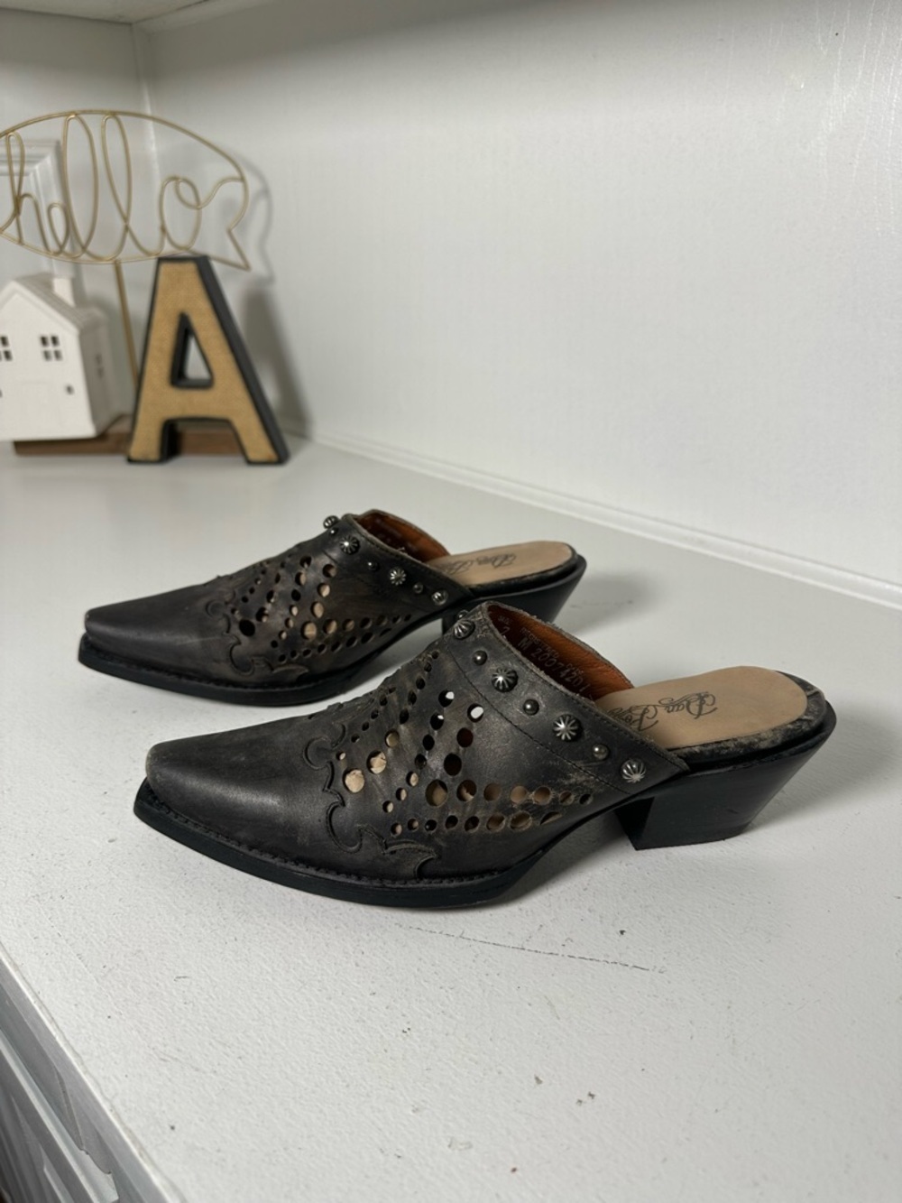 Dan Post Womens 7 Black Leather Studded Mule Western Clog Booties Inlay